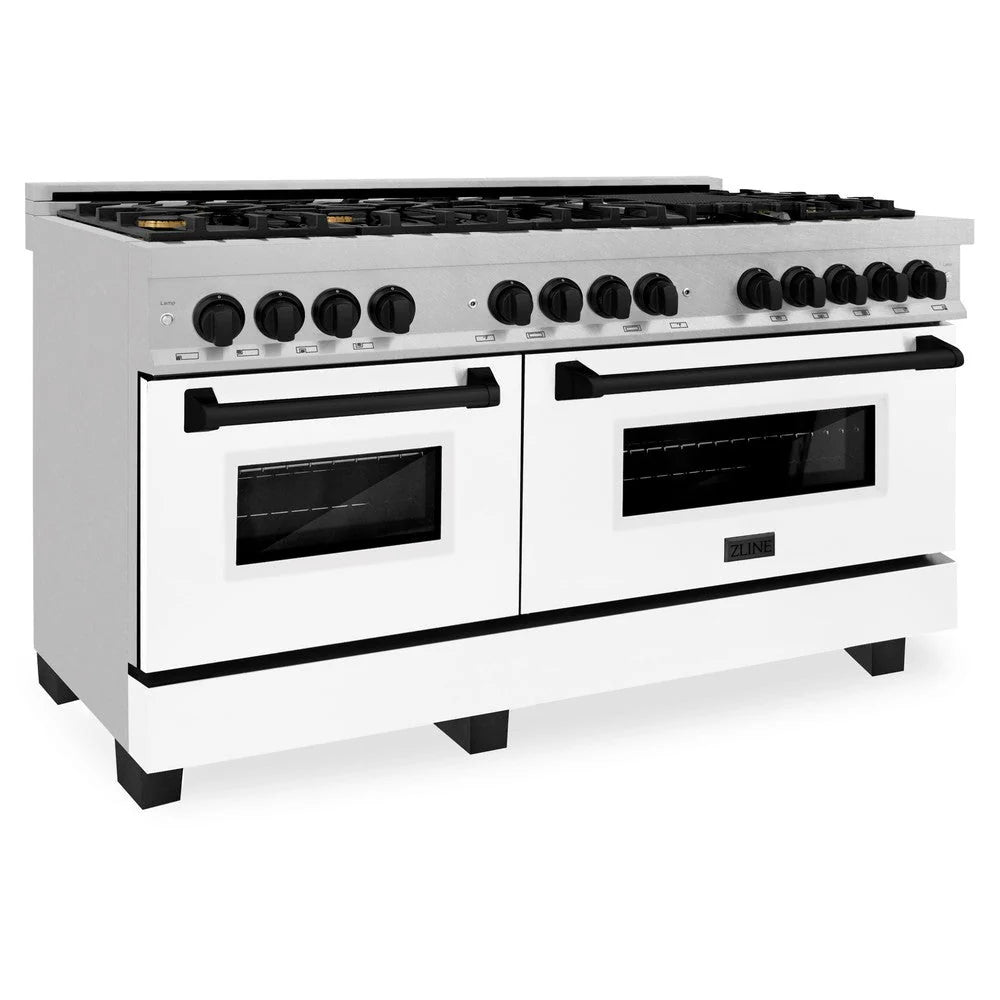 ZLINE - Autograph Edition 60 in. 7.4 cu. ft. Legacy Dual Fuel Range with 9 Burner Gas Cooktop and 2 Electric Convection Ovens in Stainless Steel with White Matte Doors and Matte Black Accents
