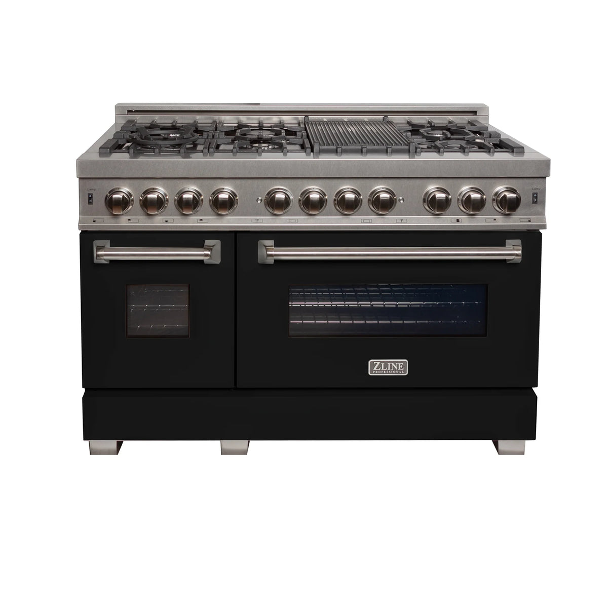 ZLINE - 48 in. 6.0 cu. ft. Legacy Dual Fuel Range with 7 Burner Gas Cooktop and 2 Electric Ovens in Satin Stainless Steel and Black Matte Doors (RAS-BLM-48)