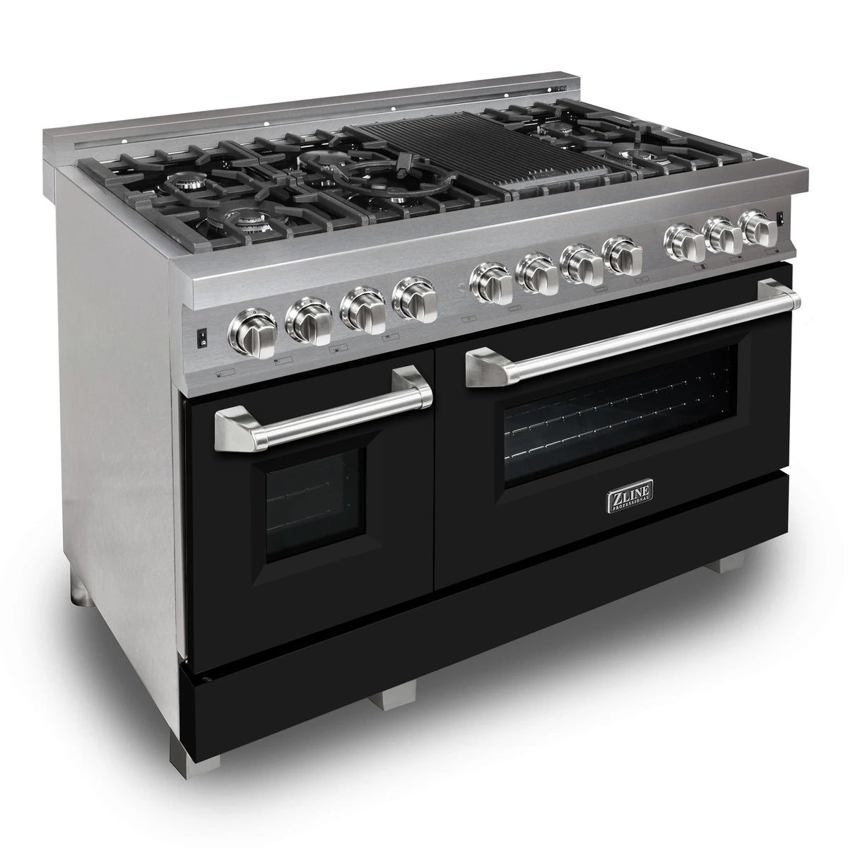 ZLINE - 48 in. 6.0 cu. ft. Legacy Dual Fuel Range with 7 Burner Gas Cooktop and 2 Electric Ovens in Satin Stainless Steel and Black Matte Doors (RAS-BLM-48)
