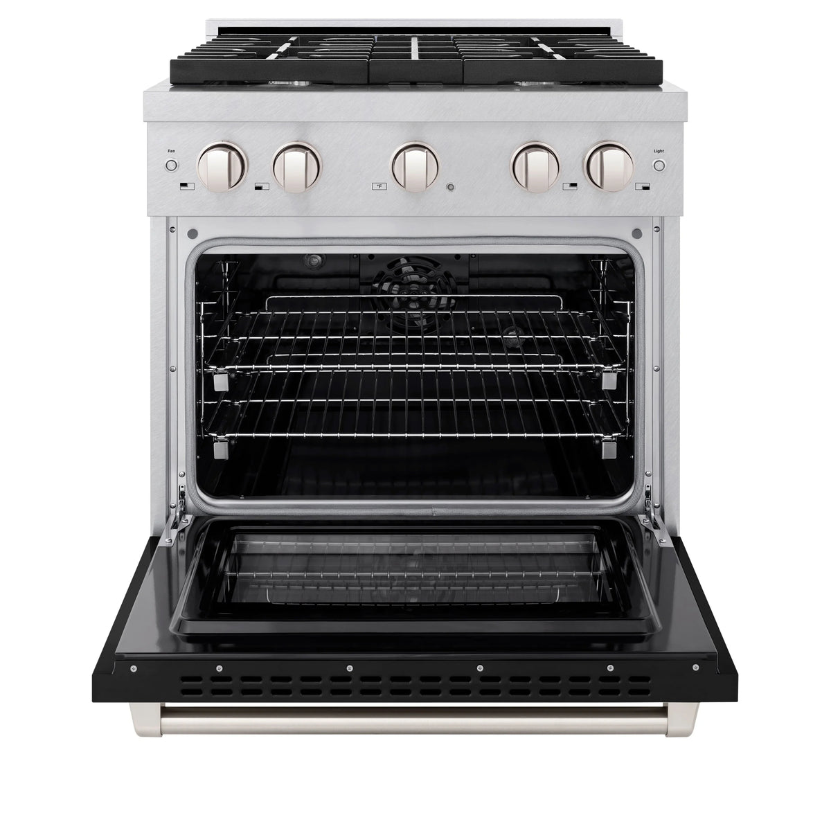 ZLINE - 30 in. 4.2 cu. ft. Paramount Dual Fuel Range with 4 Burner Gas Cooktop and Electric Convection Oven in Satin Stainless Steel with Black Matte Door