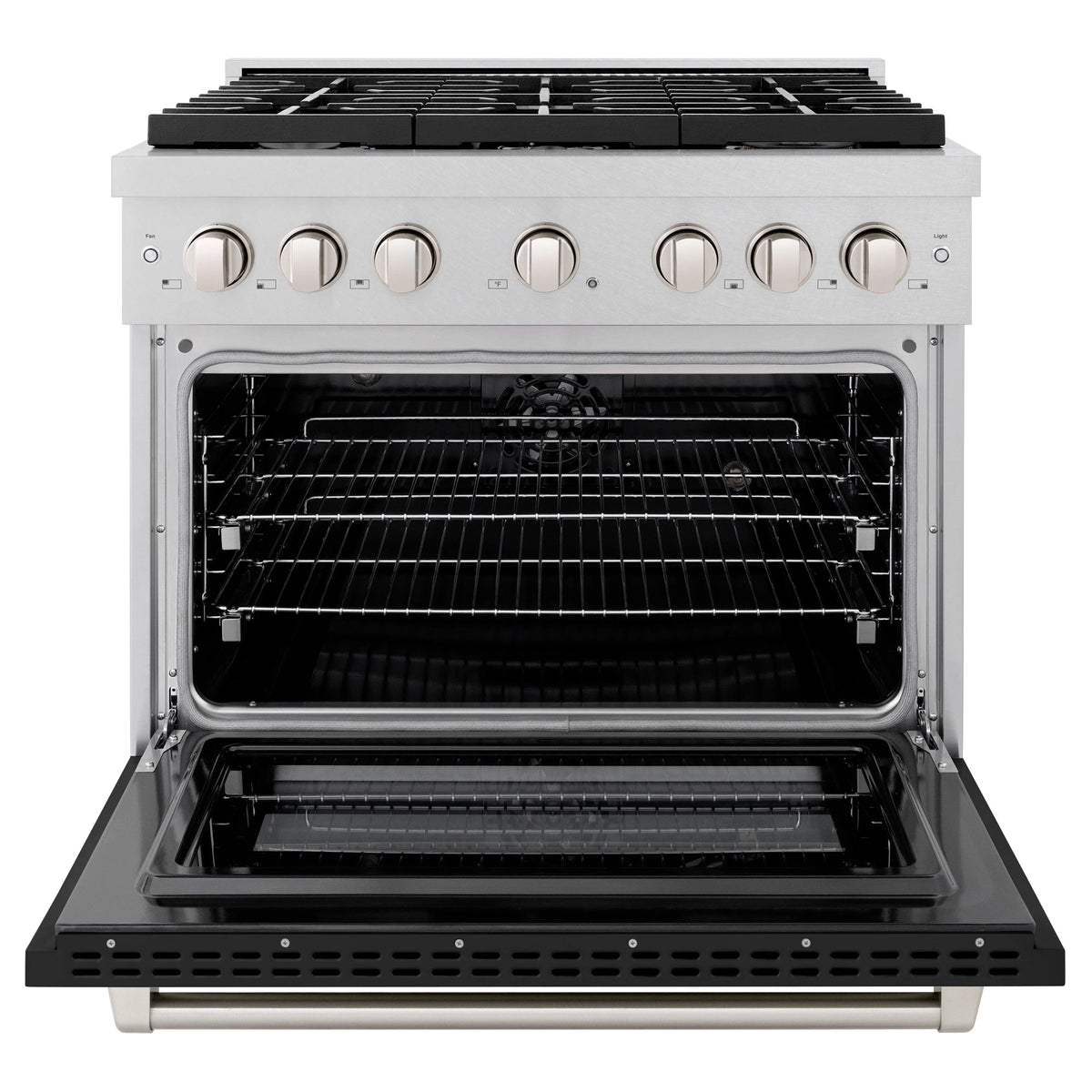 ZLINE - 36 in. 5.2 cu. ft. Paramount Dual Fuel Range with 6 Burner Gas Cooktop and Electric Convection Oven in Satin Stainless Steel with Black Matte Door