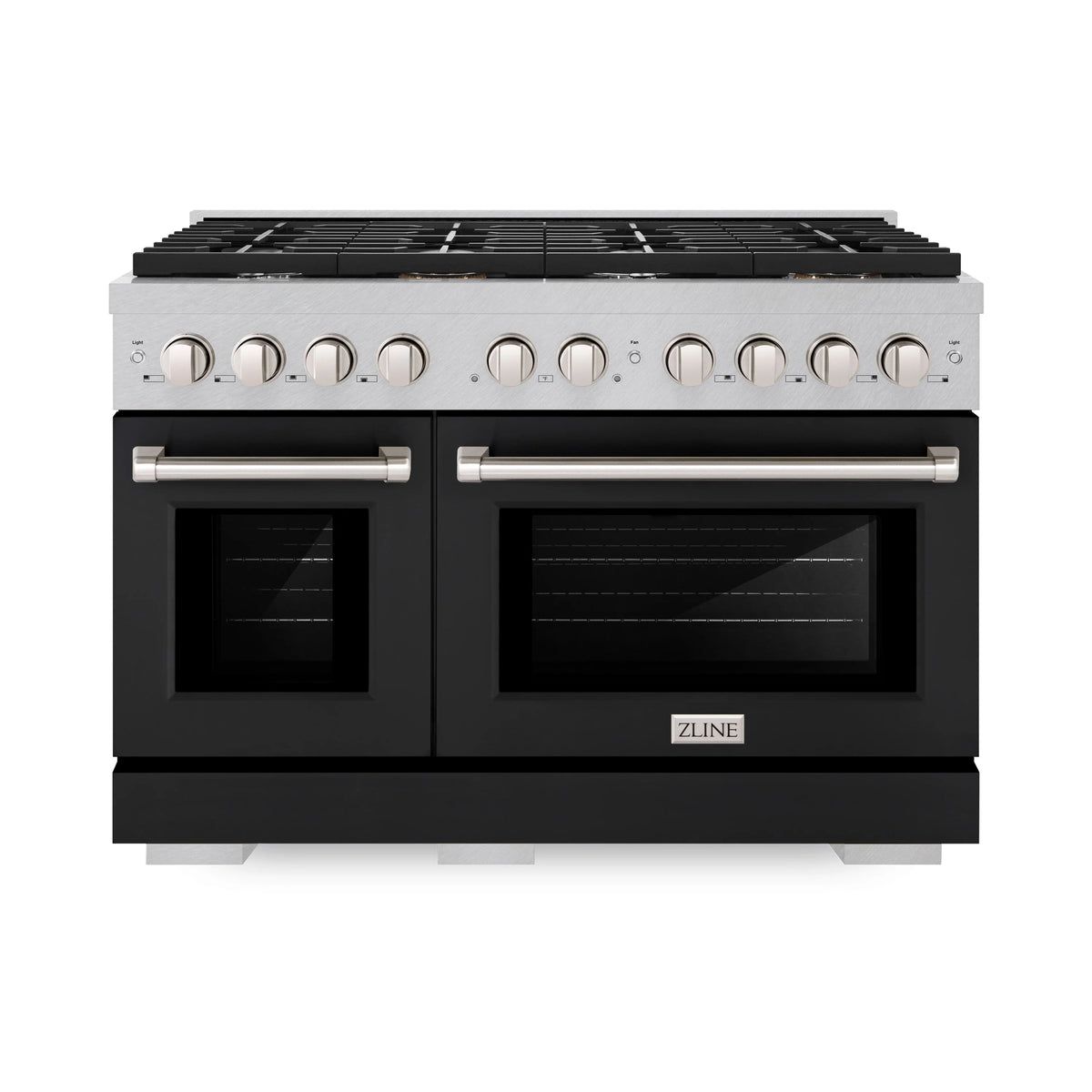 ZLINE - 48 in. 6.7 cu. ft. Paramount Double Oven Gas Range with 8 Burner Cooktop in Satin Stainless Steel with Black Matte Doors