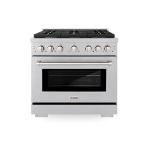 ZLINE - 36 in. 5.2 cu. ft. Paramount Dual Fuel Range with Gas Cooktop and Electric Convection Oven in Satin Stainless Steel with 6 Brass Burners