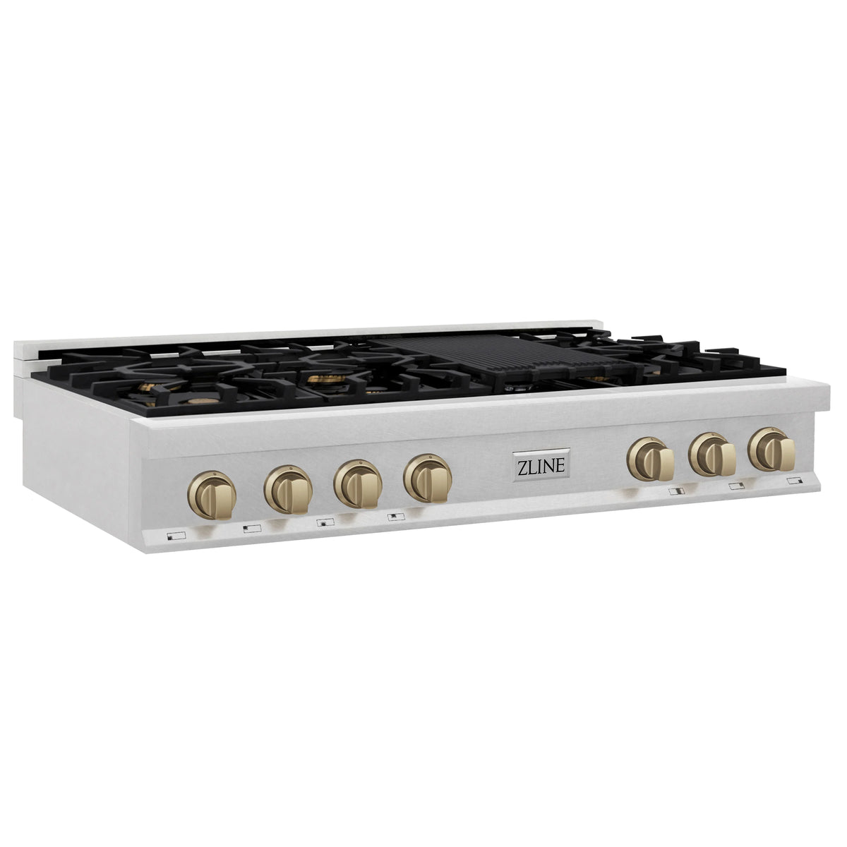 ZLINE - Autograph Edition 48&quot; Porcelain Rangetop with 7 Gas Burners in Fingerprint Resistant Stainless Steel and Champagne Bronze Accents (RTSZ-48-CB)