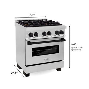 ZLINE - 30" Autograph Edition Kitchen Package with Stainless Steel Dual Fuel Range, Range Hood and Dishwasher with Matte Black Accents