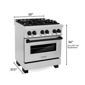 ZLINE 30" Autograph Edition Kitchen Package with Stainless Steel Dual Fuel Range, Range Hood, Dishwasher and Refrigeration with Matte Black Accents