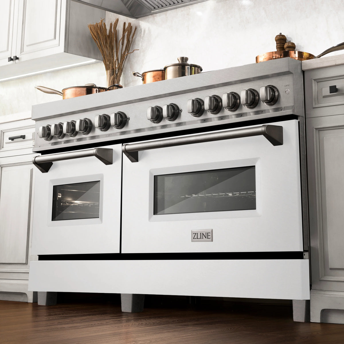 ZLINE - 60 in. 7.4 cu. ft. Legacy Dual Fuel Range with 9 Burner Gas Cooktop and 2 Electric Convection Ovens in Satin Stainless Steel and White Matte Doors (RAS-WM-60)