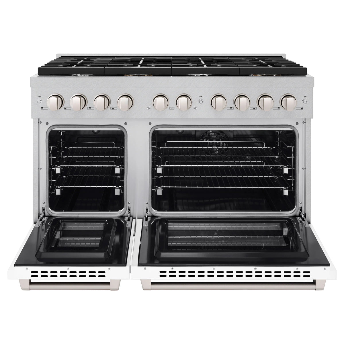 ZLINE - 48 in. 6.7 cu. ft. Paramount Double Oven Dual Fuel Range with 8 Burner Gas Cooktop in Satin Stainless Steel with White Matte Doors