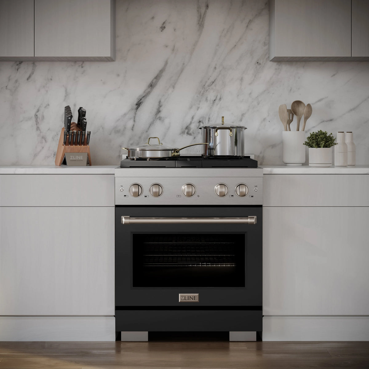 ZLINE - 30 in. 4.2 cu. ft. Paramount Dual Fuel Range with 4 Burner Gas Cooktop and Electric Convection Oven in Stainless Steel with Black Matte Door