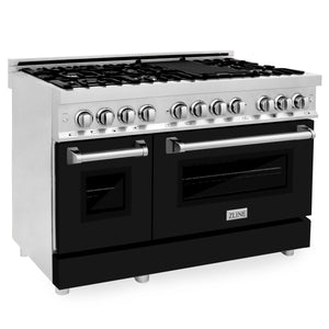 ZLINE 48" 6.0 cu. ft. Dual Fuel Range with Gas Stove and Electric Oven in Stainless Steel and Black Matte Door (RA-BLM-48)