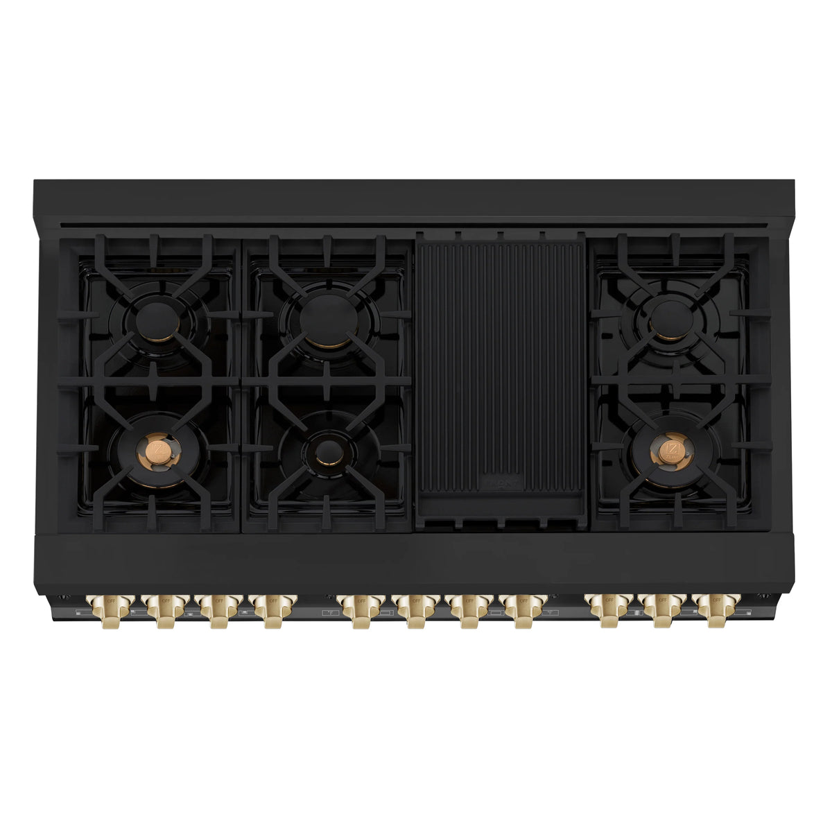 ZLINE - Autograph Edition 48&quot; 6.0 cu. ft. Dual Fuel Range with Gas Stove and Electric Oven in Black Stainless Steel with Gold Accents (RABZ-48-G)