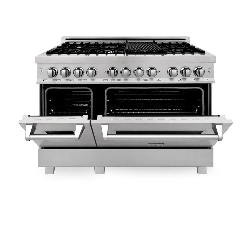 ZLINE - 48 in. Kitchen Package with Satin Stainless Steel Dual Fuel Range and Convertible Vent Range Hood