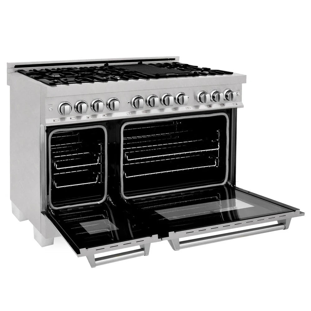 ZLINE - 48 in. Kitchen Package with Satin Stainless Steel Dual Fuel Range and Convertible Vent Range Hood