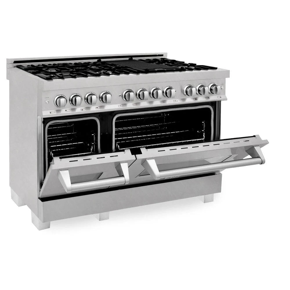 ZLINE - 48 in. Kitchen Package with Satin Stainless Steel Dual Fuel Range and Convertible Vent Range Hood