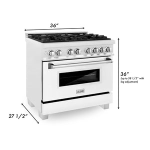ZLINE - 36 in. Kitchen Package with Satin Stainless Steel Dual Fuel Range with White Matte Door and Convertible Vent Range Hood