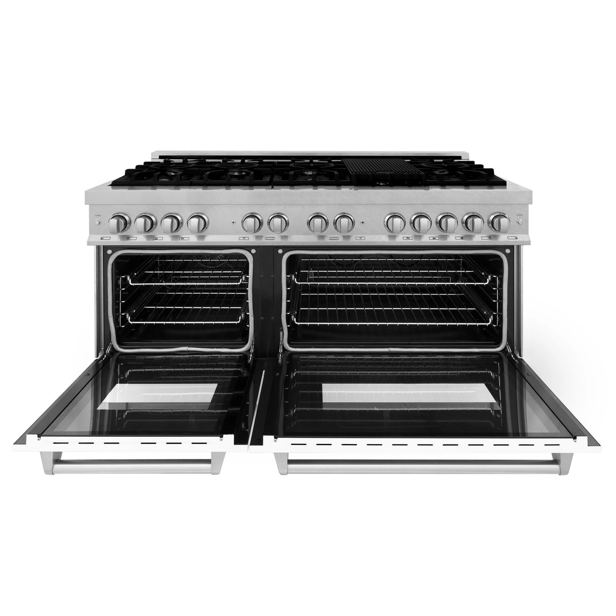 ZLINE - 60 in. 7.4 cu. ft. Legacy Dual Fuel Range with 9 Burner Gas Cooktop and 2 Electric Convection Ovens in Satin Stainless Steel and White Matte Doors (RAS-WM-60)