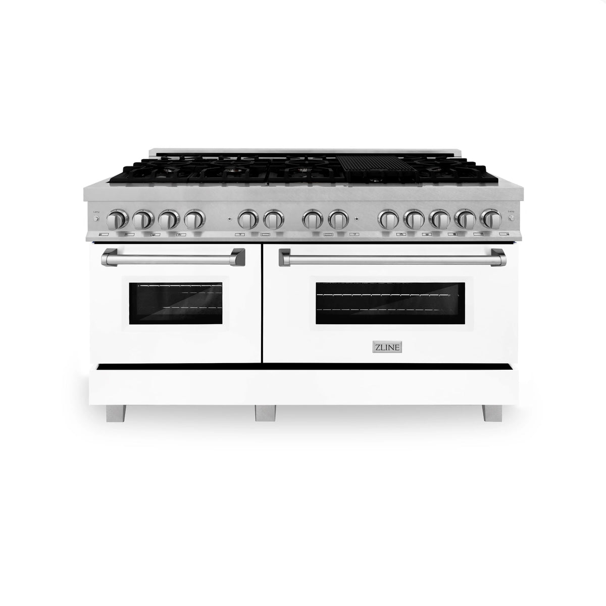ZLINE - 60 in. 7.4 cu. ft. Legacy Dual Fuel Range with 9 Burner Gas Cooktop and 2 Electric Convection Ovens in Satin Stainless Steel and White Matte Doors (RAS-WM-60)