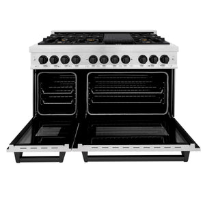 ZLINE Autograph Edition 48" 6.0 cu. ft. Dual Fuel Range, Gas Stove, Electric Oven in DuraSnow® Stainless Steel, Matte Black Accents