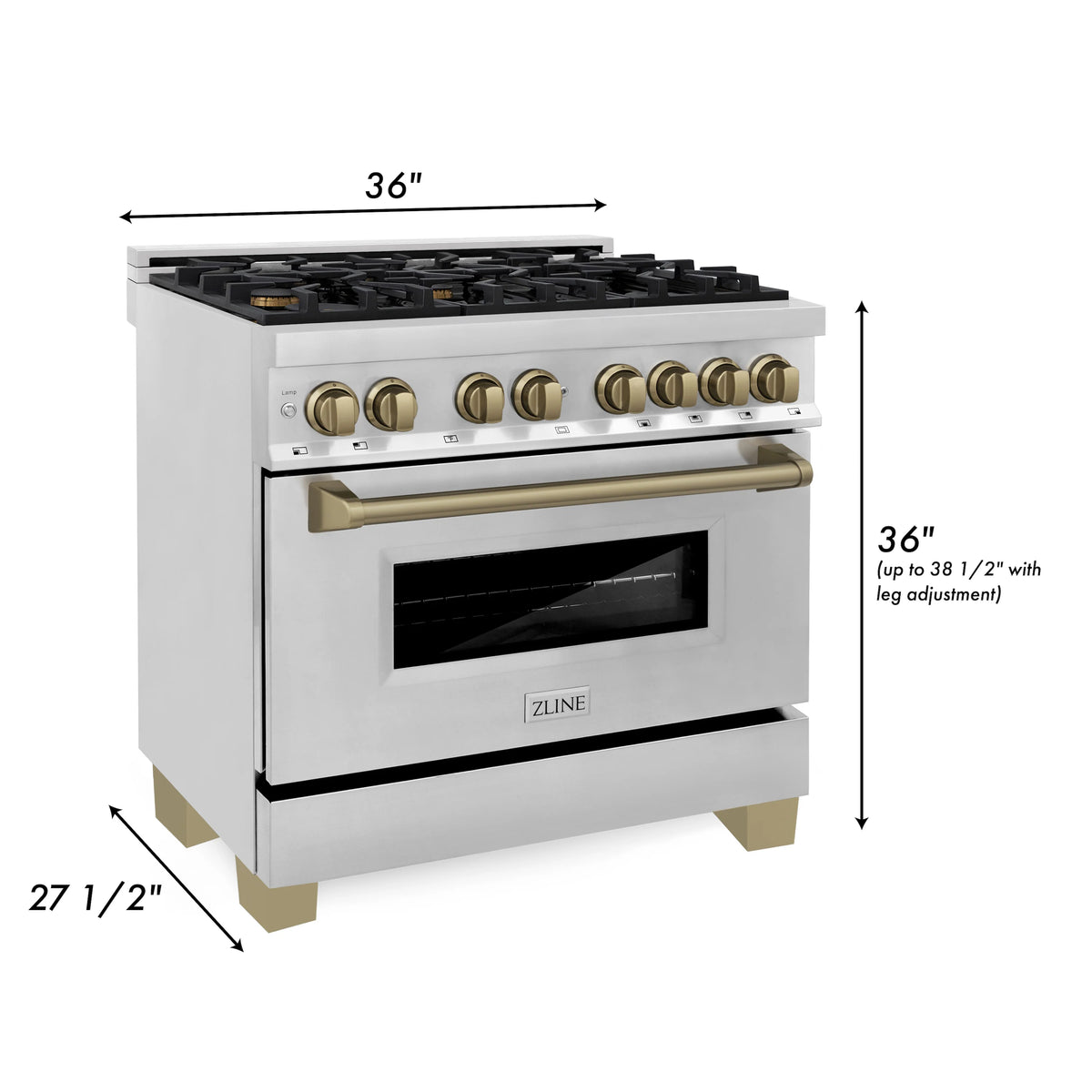 ZLINE - 36&quot; Autograph Edition Kitchen Package, Stainless Steel Dual Fuel Range, Range Hood, Dishwasher, Refrigeration, Champagne Bronze Accents