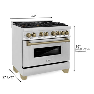 ZLINE 36" Autograph Edition Kitchen Package, Stainless Steel Dual Fuel Range, Range Hood, Dishwasher, Refrigeration, Champagne Bronze Accents