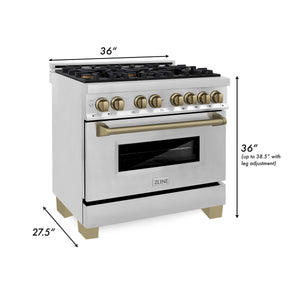 ZLINE - 36" Autograph Edition Kitchen Package with Stainless Steel Dual Fuel Range, Range Hood and Dishwasher with Champagne Bronze Accents