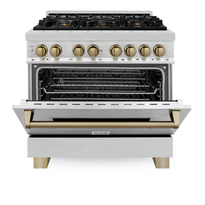 ZLINE 36" Autograph Edition Kitchen Package, Stainless Steel Dual Fuel Range, Range Hood, Dishwasher, Refrigeration, Champagne Bronze Accents