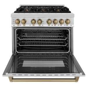 ZLINE 36" Autograph Edition Kitchen Package, Stainless Steel Dual Fuel Range, Range Hood, Dishwasher, Refrigeration, Champagne Bronze Accents