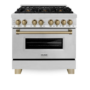 ZLINE 36" Autograph Edition Kitchen Package, Stainless Steel Dual Fuel Range, Range Hood, Dishwasher, Refrigeration, Champagne Bronze Accents