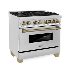ZLINE - 36" Autograph Edition Kitchen Package with Stainless Steel Dual Fuel Range, Range Hood and Dishwasher with Champagne Bronze Accents