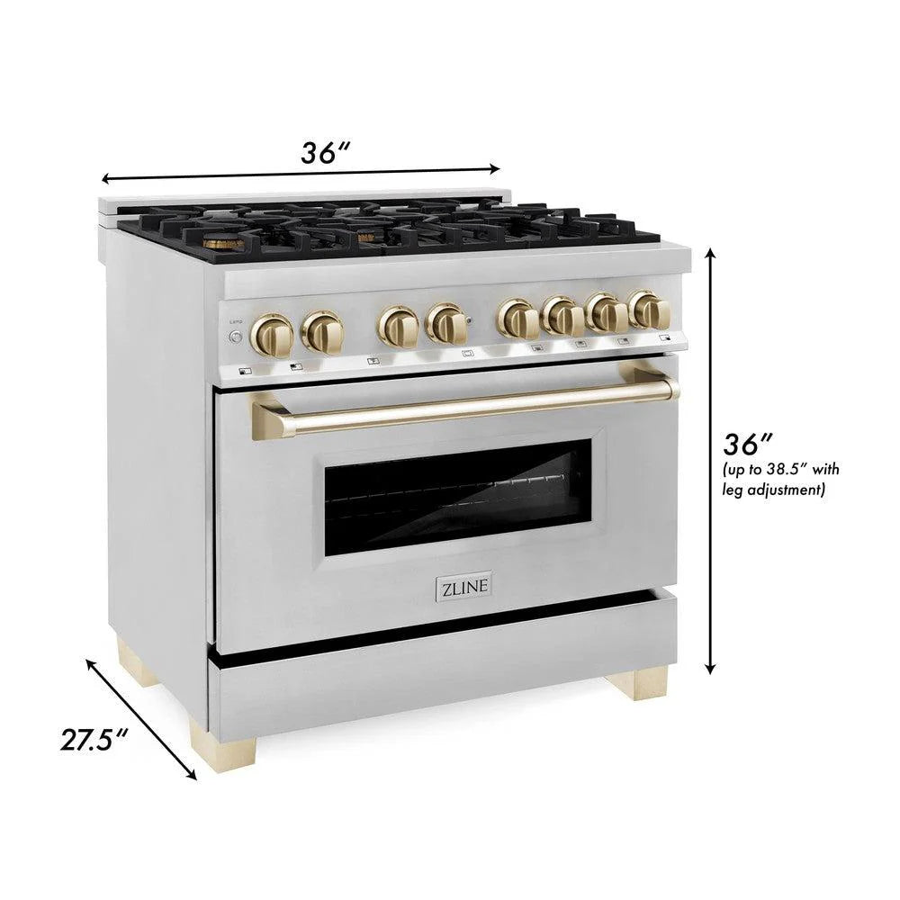 ZLINE - 36&quot; Autograph Edition Kitchen Package with Stainless Steel Dual Fuel Range, Range Hood and Dishwasher with Gold Accents