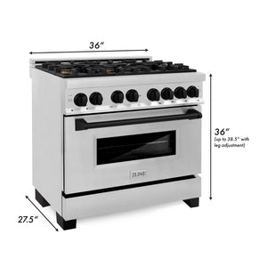 ZLINE - 36" Autograph Edition Kitchen Package with Stainless Steel Dual Fuel Range and Range Hood with Matte Black Accents (2AKP-RARH36-MB)