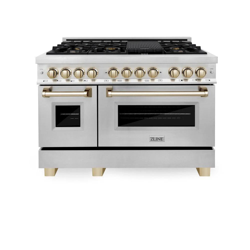 ZLINE - Autograph Edition 48 in. 6.0 cu. ft. Legacy Dual Fuel Range with 7 Burner Gas Cooktop and 2 Electric Ovens in Stainless Steel and Polished Gold Accents