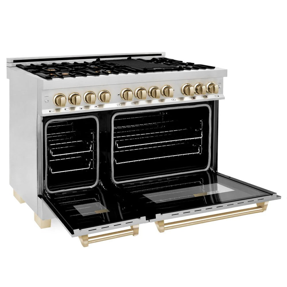 ZLINE - Autograph Edition 48 in. 6.0 cu. ft. Legacy Dual Fuel Range with 7 Burner Gas Cooktop and 2 Electric Ovens in Stainless Steel and Polished Gold Accents