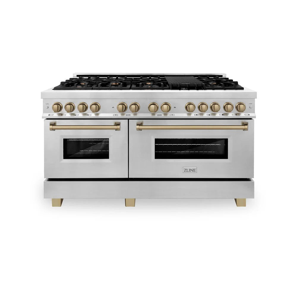 ZLINE - Autograph Edition 60 in. 7.4 cu. ft. Legacy Dual Fuel Range with 9 Burner Gas Cooktop and 2 Electric Convection Ovens in Stainless Steel and Champagne Bronze Accents