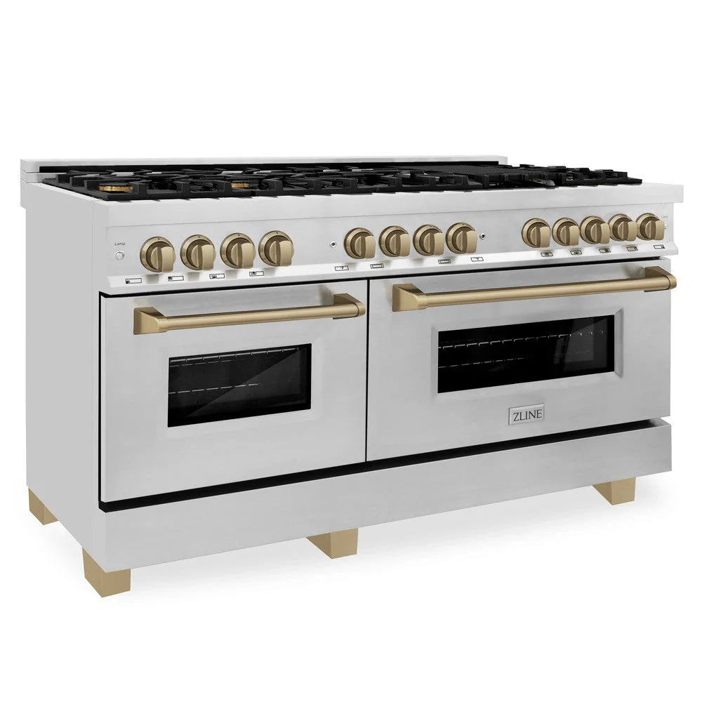 ZLINE - Autograph Edition 60 in. 7.4 cu. ft. Legacy Dual Fuel Range with 9 Burner Gas Cooktop and 2 Electric Convection Ovens in Stainless Steel and Champagne Bronze Accents