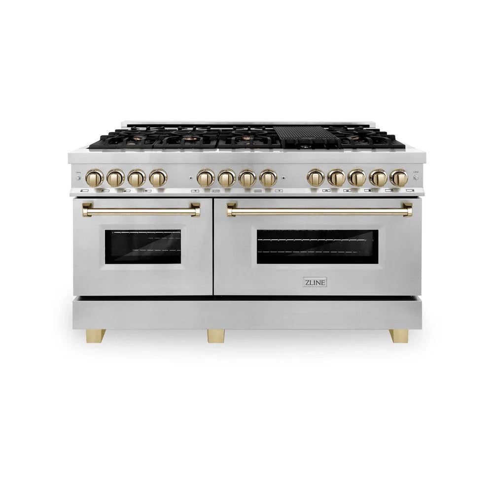 ZLINE - Autograph Edition 60 in. 7.4 cu. ft. Legacy Dual Fuel Range with 9 Burner Gas Cooktop and 2 Electric Convection Ovens in Stainless Steel and Polished Gold Accents