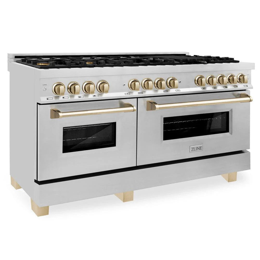 ZLINE - Autograph Edition 60 in. 7.4 cu. ft. Legacy Dual Fuel Range with 9 Burner Gas Cooktop and 2 Electric Convection Ovens in Stainless Steel and Polished Gold Accents