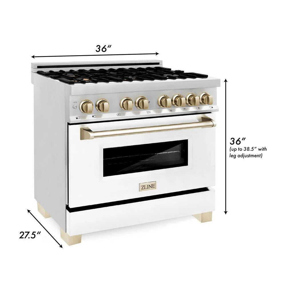 ZLINE - Autograph Edition 36 in. 4.6 cu. ft. Legacy Dual Fuel Range with 6 Burner Gas Cooktop and Electric Convection Oven in Stainless Steel with White Matte Door and Polished Gold Accents