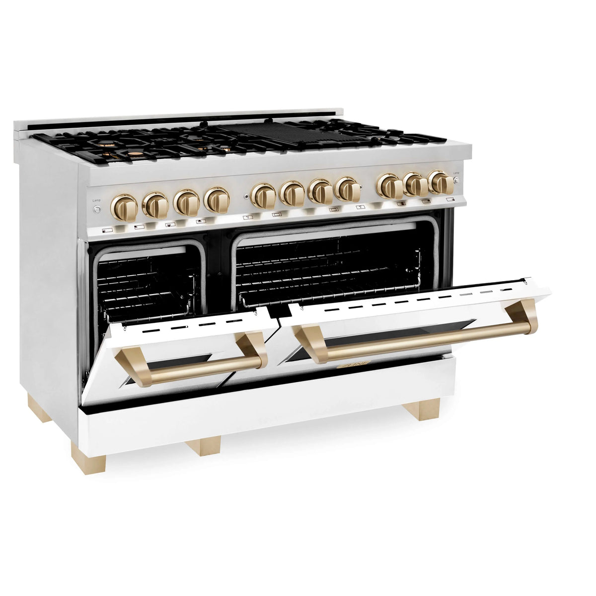 ZLINE - 48&quot; Autograph Edition Kitchen Package with Stainless Steel Dual Fuel Range with White Matte Door and Range Hood with Gold Accents