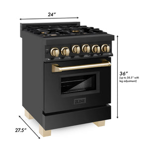 ZLINE Autograph Edition 24" 2.8 cu. ft. Range with Gas Stove and Gas Oven in Black Stainless Steel with Gold Accents (RGBZ-24-G)