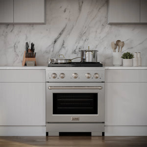 ZLINE - 30 in. 4.2 cu. ft. Paramount Dual Fuel Range with 4 Burner Gas Cooktop and Electric Convection Oven in Satin Stainless Steel (SDRS-30)