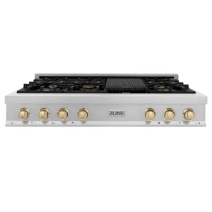 ZLINE Autograph Edition 48" Porcelain Rangetop with 7 Gas Burners in Fingerprint Resistant Stainless Steel and Gold Accents (RTSZ-48-G)