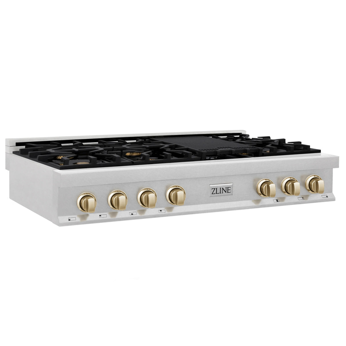 ZLINE - Autograph Edition 48&quot; Porcelain Rangetop with 7 Gas Burners in Fingerprint Resistant Stainless Steel and Gold Accents (RTSZ-48-G)