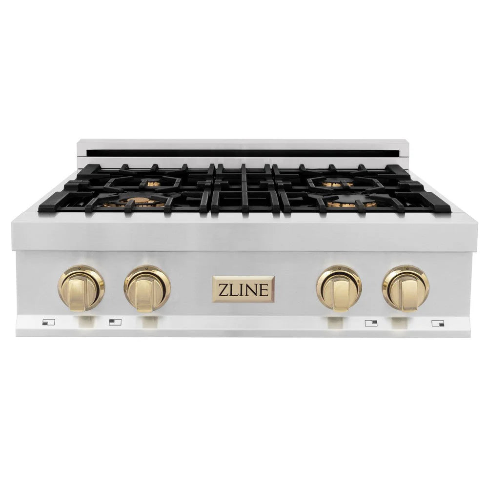 ZLINE - Autograph Edition 30 in. Legacy Gas Rangetop with 4 Burners and Porcelain Cooktop in Stainless Steel with Polished Gold Accents (RTZ-30-G)
