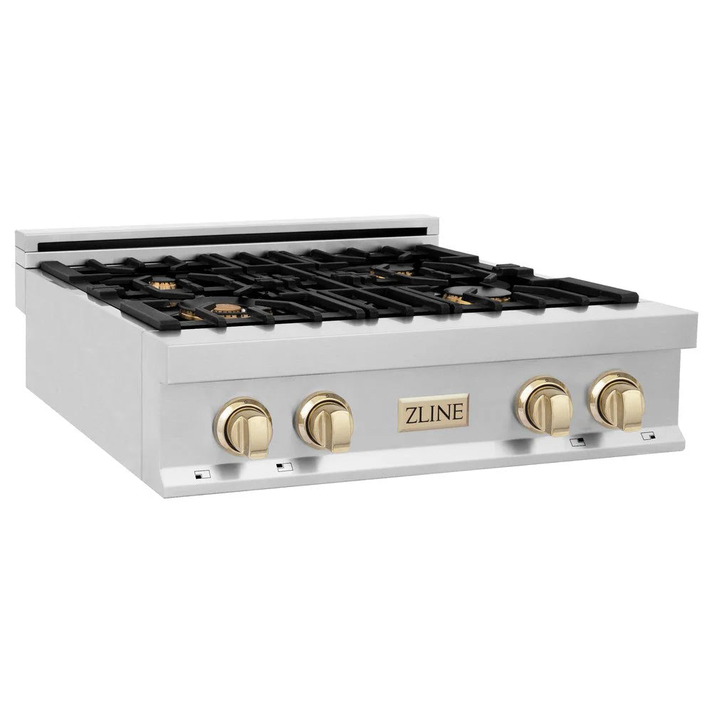 ZLINE - Autograph Edition 30 in. Legacy Gas Rangetop with 4 Burners and Porcelain Cooktop in Stainless Steel with Polished Gold Accents (RTZ-30-G)
