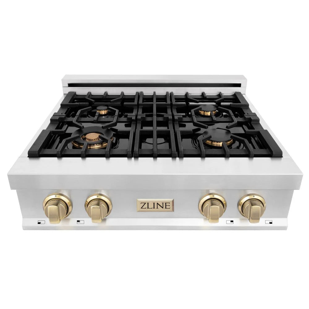 ZLINE - Autograph Edition 30 in. Legacy Gas Rangetop with 4 Burners and Porcelain Cooktop in Stainless Steel with Polished Gold Accents (RTZ-30-G)