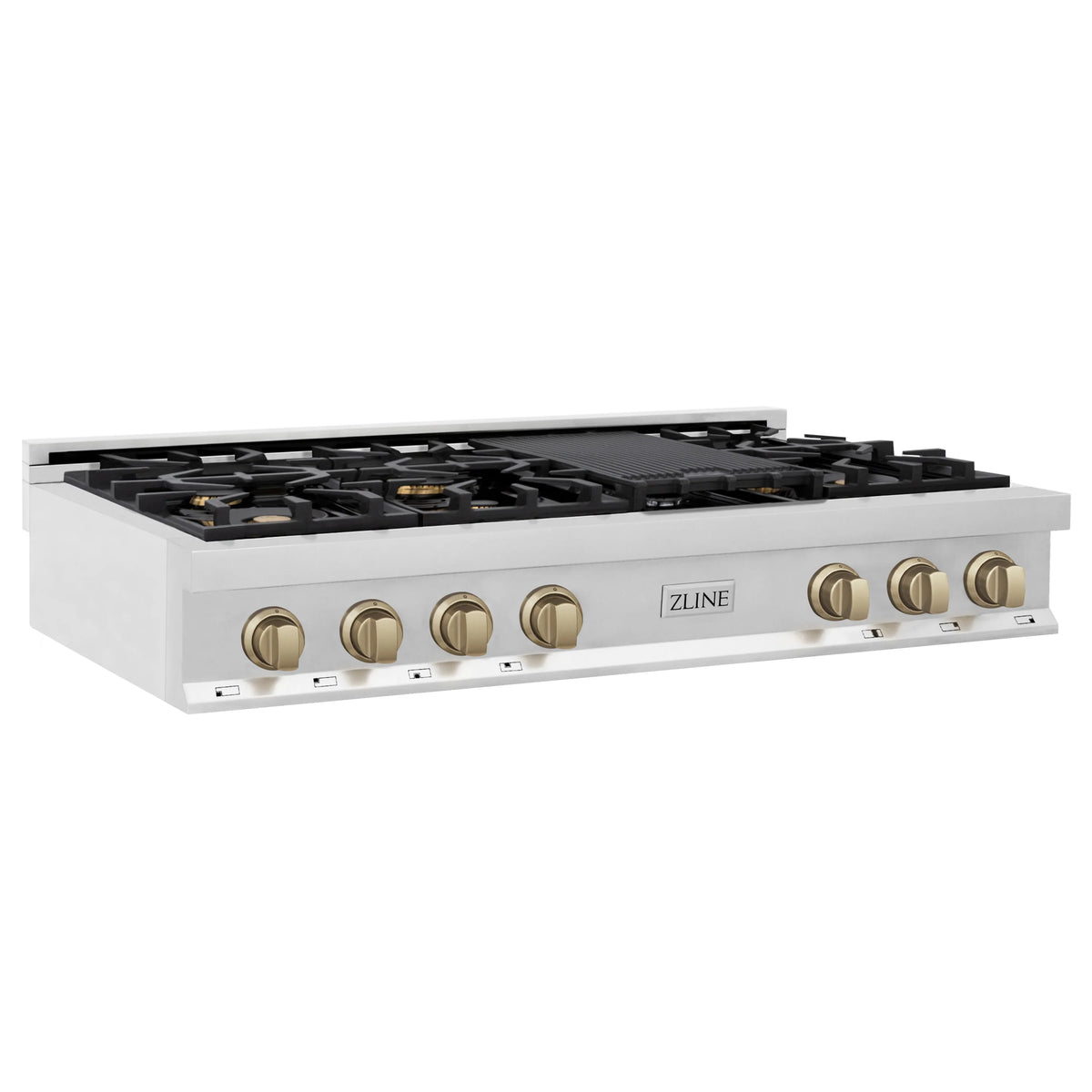 ZLINE - Autograph Edition 48&quot; Porcelain Rangetop with 7 Gas Burners in Stainless Steel and Champagne Bronze Accents (RTZ-48-CB)
