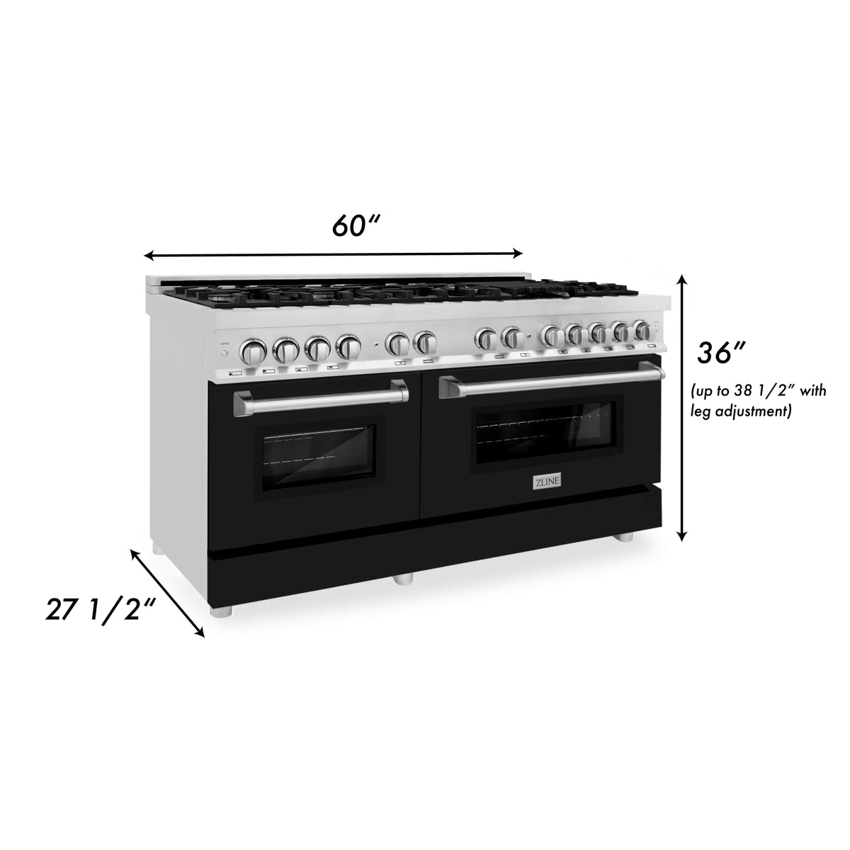 ZLINE - 60&quot; 7.4 cu. ft. Dual Fuel Range with Gas Stove and Electric Oven in Stainless Steel and Black Matte Door (RA-BLM-60)