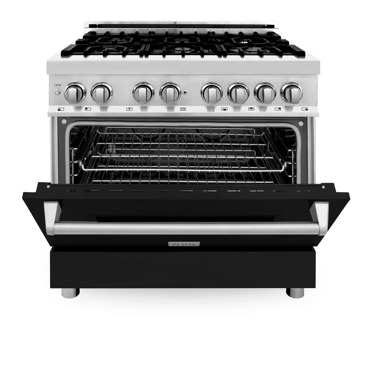ZLINE - 36&quot; 4.6 cu. ft. Dual Fuel Range with Gas Stove and Electric Oven in Stainless Steel and Black Matte Door (RA-BLM-36)
