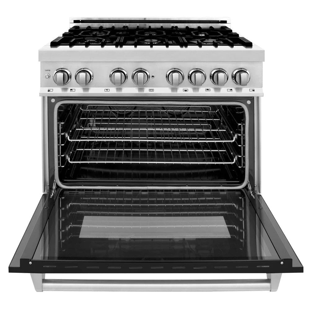 ZLINE - 36&quot; Kitchen Package with Stainless Steel Dual Fuel Range with Black Matte Door and Convertible Vent Range Hood (2KP-RABLMRH36)